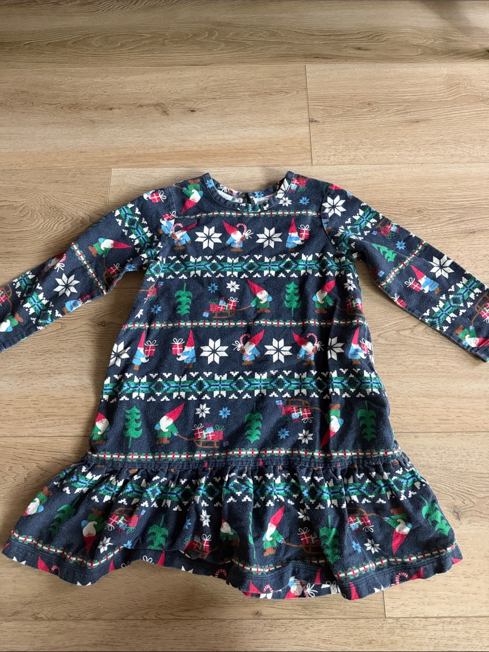 Girls Navy Holiday Gnome Print Long Sleeve Dress size 5 years